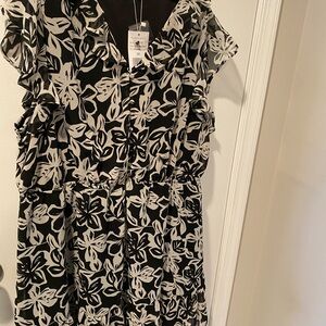 Black and White Flutter Sleeve V-Neck Mini Dress